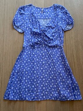 Free People Lavender Floral Ruched Mini Dress Puff Sleeve Boho Size 12